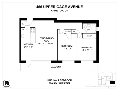 Floor plan for 2 beds, 1 bath, 826 sqft